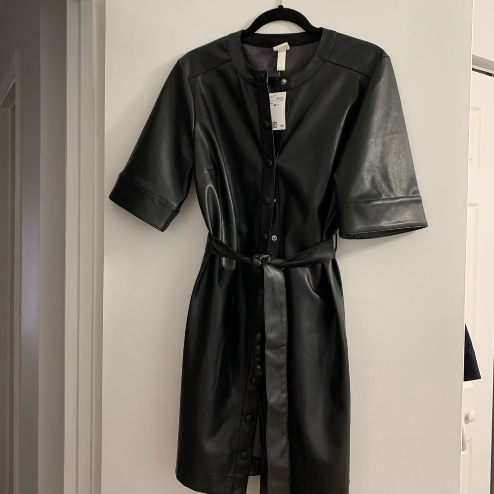 Vegan leather dress, black, shirt dress, snap open front, purchased in Europe